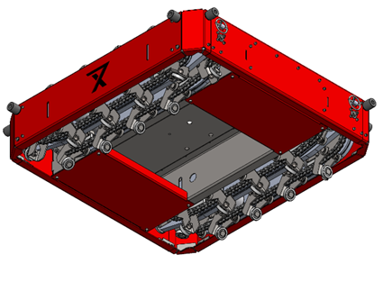 CeiliX overhead shuttle module in a red housing with chain-driven rails for high-speed storage and retrieval—an innovative automation solution for optimized intralogistics.